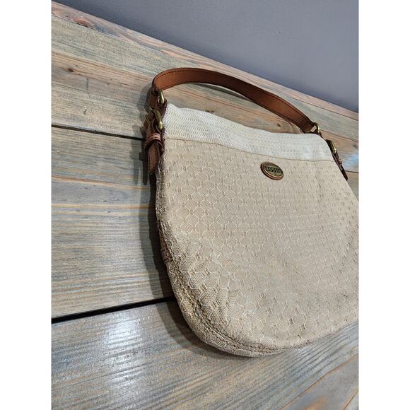FOSSIL Explorer Foldover Flap Leather and Textured Canvas Cotton Shoulder Bag - Picture 4 of 10
